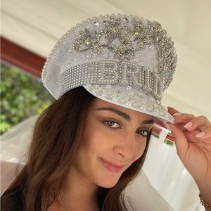 Personalized Bride Captain Hat | Rhinestone Pearl Letters | Bachelorette Party